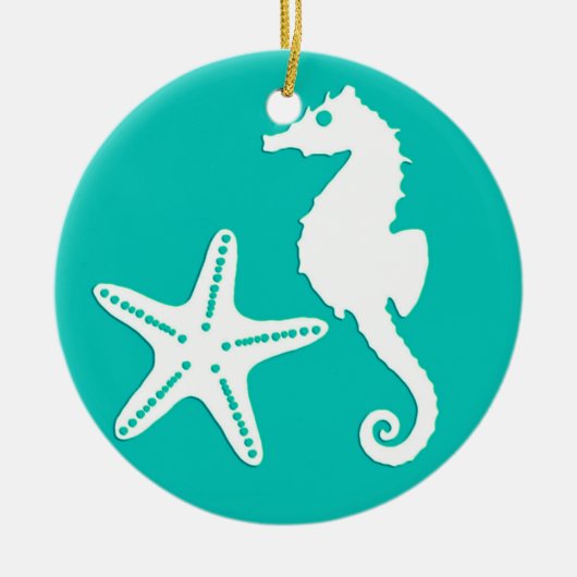 Zeepaardvis - wit op turquoise keramisch ornament (Voorkant)