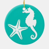 Zeepaardvis - wit op turquoise keramisch ornament (Achterkant)