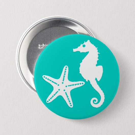 Zeepaardvis - wit op turquoise ronde button 7,6 cm (Voorkant /achterkant)