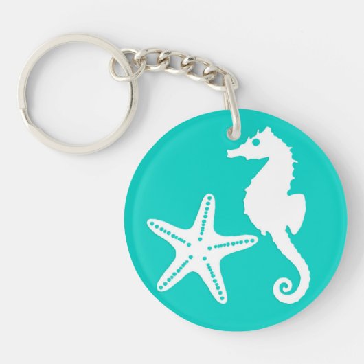 Zeepaardvis - wit op turquoise sleutelhanger (Voorkant)