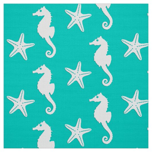 Zeepaardvis - wit op turquoise stof (Swatch)