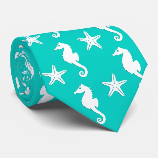 Zeepaardvis - wit op turquoise stropdas (Opgerold)