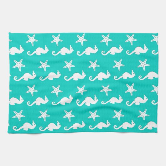 Zeepaardvis - wit op turquoise theedoek (Horizontaal)