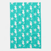 Zeepaardvis - wit op turquoise theedoek (Verticaal)