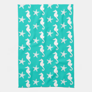 Zeepaardvis - wit op turquoise theedoek