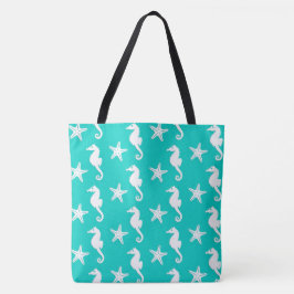 Zeepaardvis - wit op turquoise tote bag