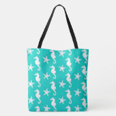 Zeepaardvis - wit op turquoise tote bag (Achterkant)