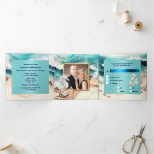 Zeepaardzand strand oceaan golven waterverf drieluik uitnodiging