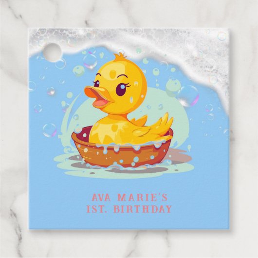 Zeepachtig Geel Rubber Eend Meisje 1e Verjaardagsf Bedankjes Labels (Voorkant)