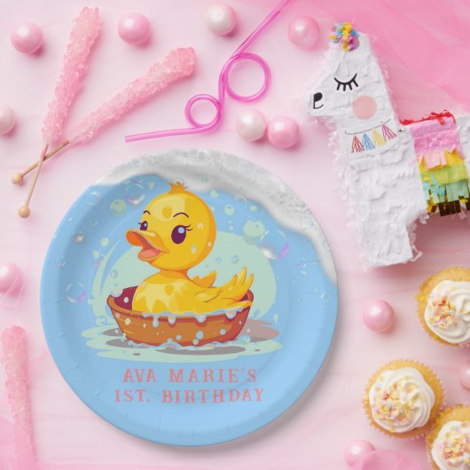 Zeepachtig Geel Rubber Eend Meisje 1e Verjaardagsf Papieren Bordje (Feest)