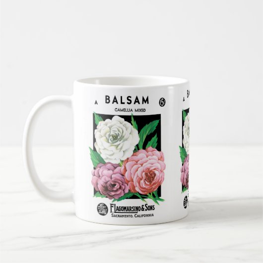  zeepakketlabel Art, Camellia Flowers Koffiemok (Links)