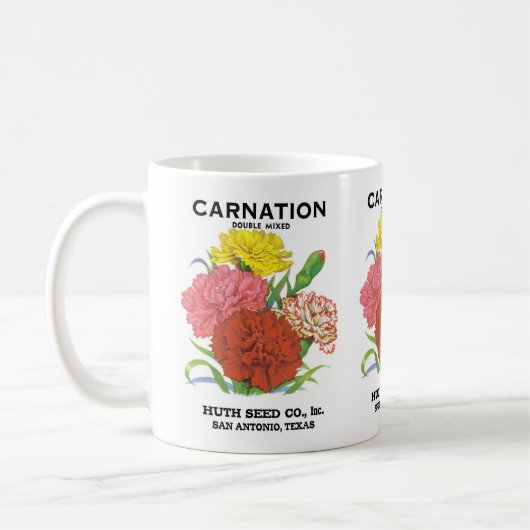  zeepakketlabel kunst, anjerbloemen koffiemok (Links)