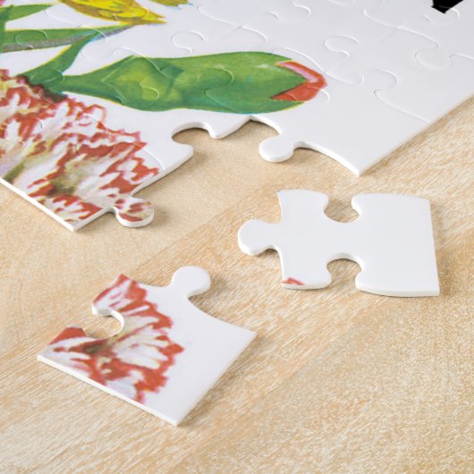 zeepakketlabel kunst, anjerbloemen legpuzzel (Zijkant)