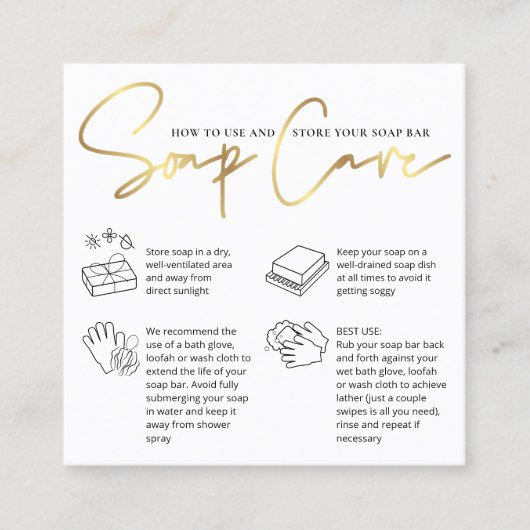 Zeepbar Onderhoudsinstructies Chique Wit & Goud Lo Vierkante Visitekaartje (Voorkant)