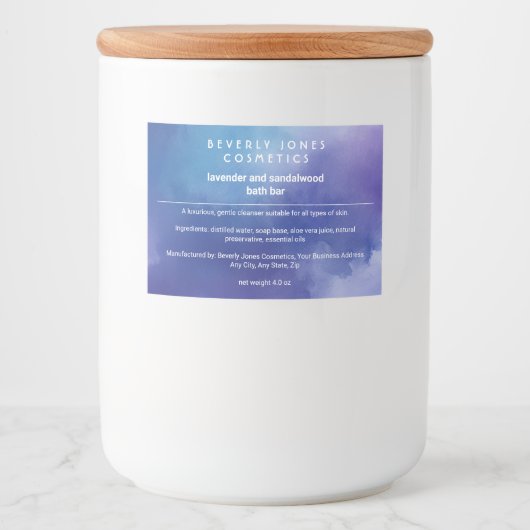 Zeepdoosje met blauwe en Paarse waterverf Voedselcontainer Etiket (Voorkant)