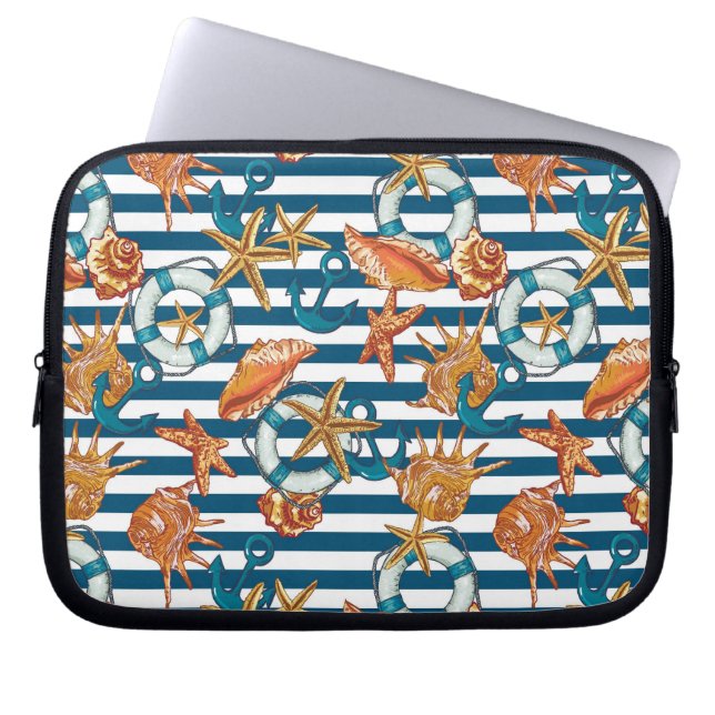 Zeeplanken en ankerpatroon laptop sleeve (Voorkant)