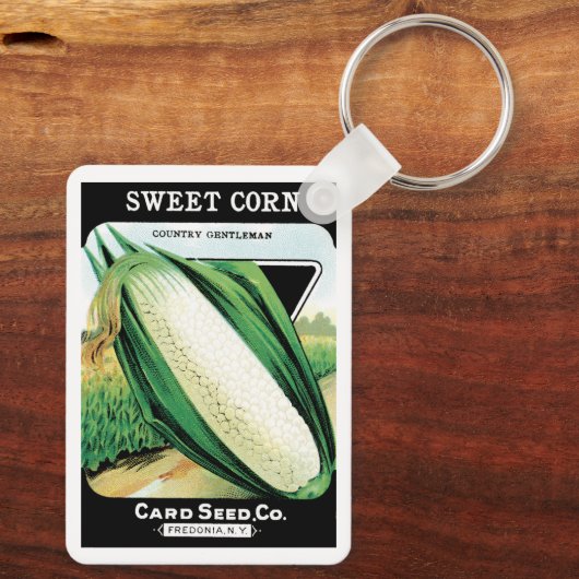 zeeppaket met label kunst, zoete witte corn sleutelhanger (Achterkant)