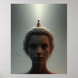 Zeer abstract poster een meisje met haar gedachten