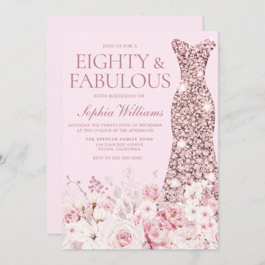 Zeer Blush Bloem Roze Gouden Jurk 80ste Verjaardag Kaart (Voorkant / Achterkant)