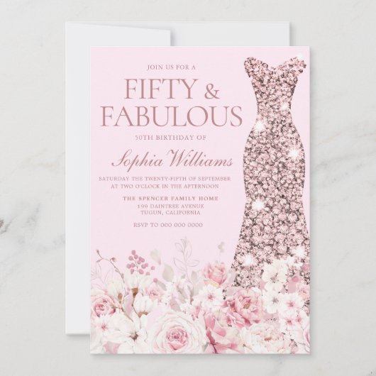 Zeer Blush Floral Roos Gold Dress 50th Birthday Kaart (Voorkant)