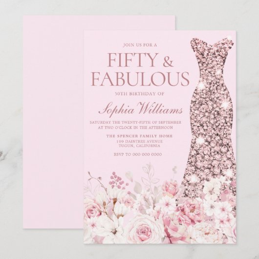 Zeer Blush Floral Roos Gold Dress 50th Birthday Kaart (Voorkant / Achterkant)