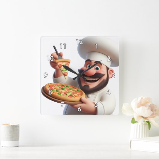 Zeer Cool & Kleurrijke Pizza Guy met Pizza Vierkante Klok (Huis)