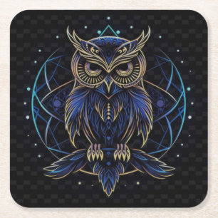 Zeer coole digitale Neon Uil w / Dark Checkered BG Kartonnen Onderzetters