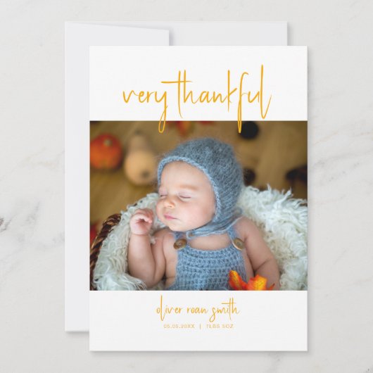 Zeer dankbare Herfst najaarsgeboorteaankondiging Kaart (Voorkant)