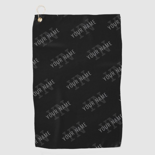 Zeer donker grijs & zwart Monogram Naam Patroon Golfhanddoek (Voorkant)