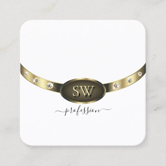 Zeer elegant wit en goud met Monogram Diamanten Vierkante Visitekaartje (Voorkant)