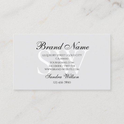 Zeer elegant wit licht pasta grijs met monogram visitekaartje (Achterkant)