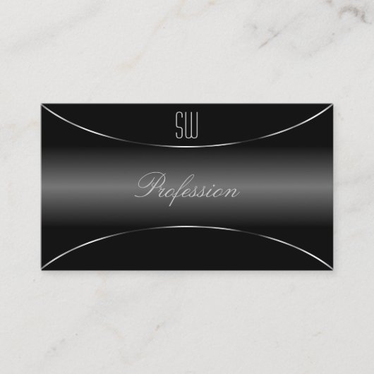 Zeer elegant zwart met zilveren rand en monogram visitekaartje (Voorkant)