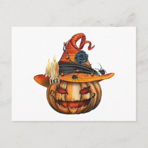 Zeer eng gesneden Halloween pompoen en spinnen Feestdagenkaart