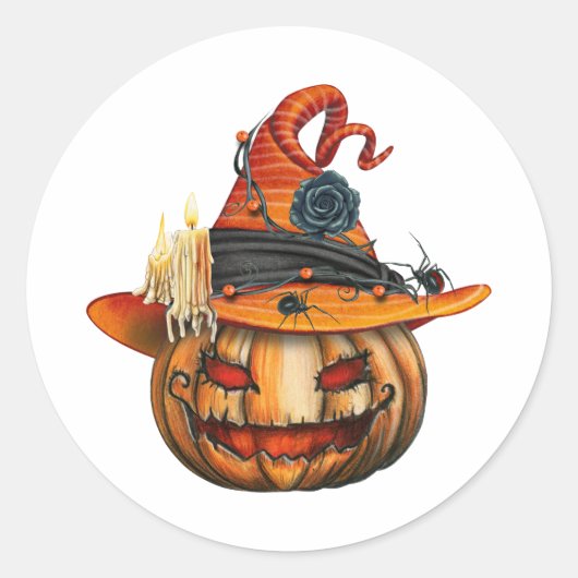 Zeer eng gesneden Halloween pompoen en spinnen Ronde Sticker (Voorkant)