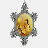 Zeer geel, vlinder en bubbels tin sneeuwvlok ornament (Links)