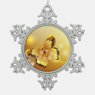 Zeer geel, vlinder en bubbels tin sneeuwvlok ornament