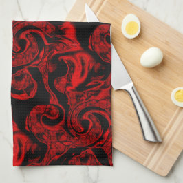 Zeer gekleurde rode spiraaldelen op zwarte achterg theedoek