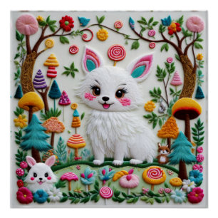 Zeer getextureerd borduurwerk kawaii dieren patroo perfect poster