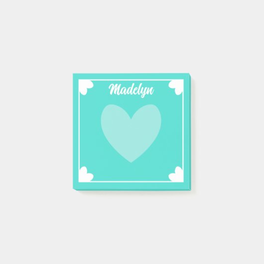 Zeer Girly Bright Turquoise White Hearts Jouw naam Post-it® Notes (Voorkant)