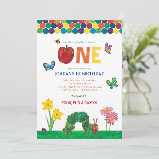  zeer hongerige rups 1e verjaardag kaart (Staand voorkant)