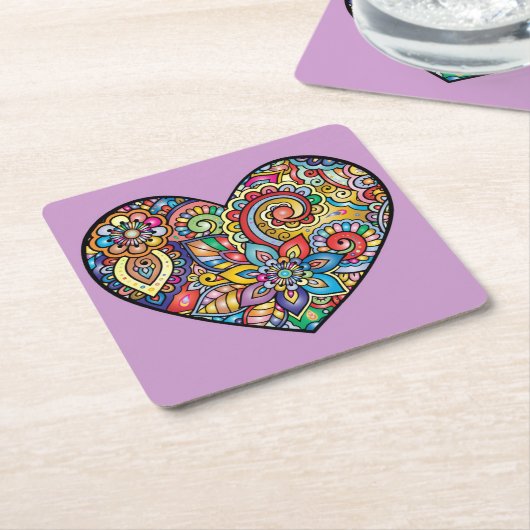 Zeer kleurrijk Mozaïek en Floral Heart Kartonnen Onderzetters (Schuin)