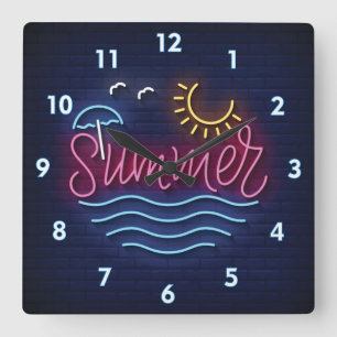 Zeer koele en kleurrijke gesimuleerde neon zomer vierkante klok