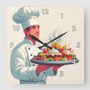 Zeer koele en kleurrijke perfecte chef-kok met voe vierkante klok