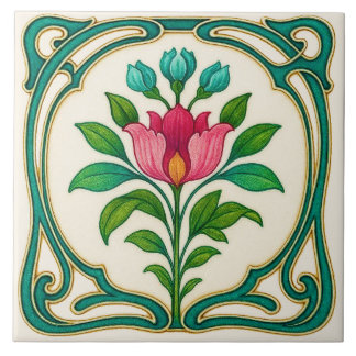 Zeer mooie Art Nouveau-stijl bloemkeramiektegel Tegeltje