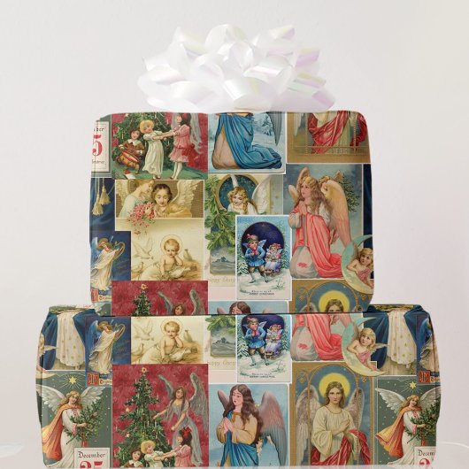 Zeer oude kerstkaarten met Angels Collage Cadeaupapier