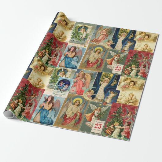 Zeer oude kerstkaarten met Angels Collage Cadeaupapier (Uitgerold)