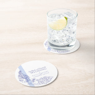 Zeer peri blauwe tropische botanica lijnbruiloft ronde kartonnen onderzetter