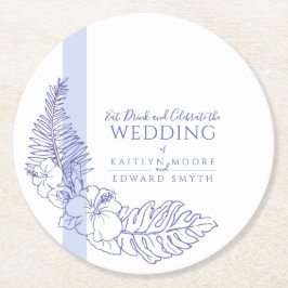 Zeer peri blauwe tropische botanica lijnbruiloft ronde kartonnen onderzetter