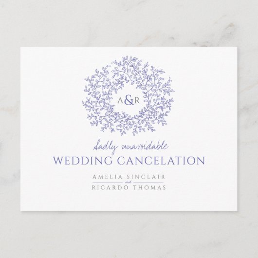 Zeer Peri getekende bladmonogram bruiloft afgelast Aankondigingskaart (Voorkant)