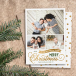 Zeer prettig kerstscript 3 Foto Feestdagenkaart<br><div class="desc">Betaalbare, op maat gemaakte kerstfotokaarten met een eenvoudige DIY-sjabloon voor aanpassing. Dit leuke design is gebaseerd op een flinke typografie in de groene en faux gouden folie. De boodschap luidde: "Ik wens je een heel prettig kerstfeest". De sjabloon heeft ruimte voor 3 familiefoto's. Gebruik de ontwerpgereedschappen om de lettertypen en...</div>